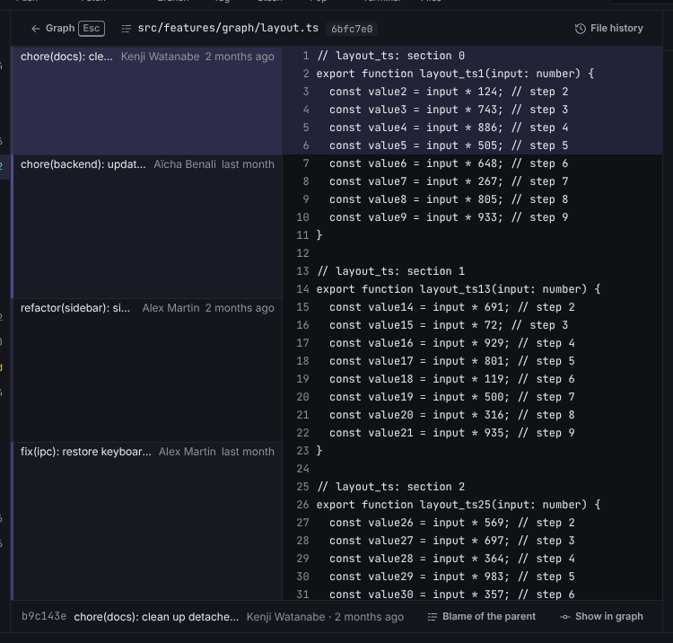 Blame of layout.ts: age bars on the left, commit summary, author and date at the start of each block, line numbers and code, and the Selected commit bar at the bottom