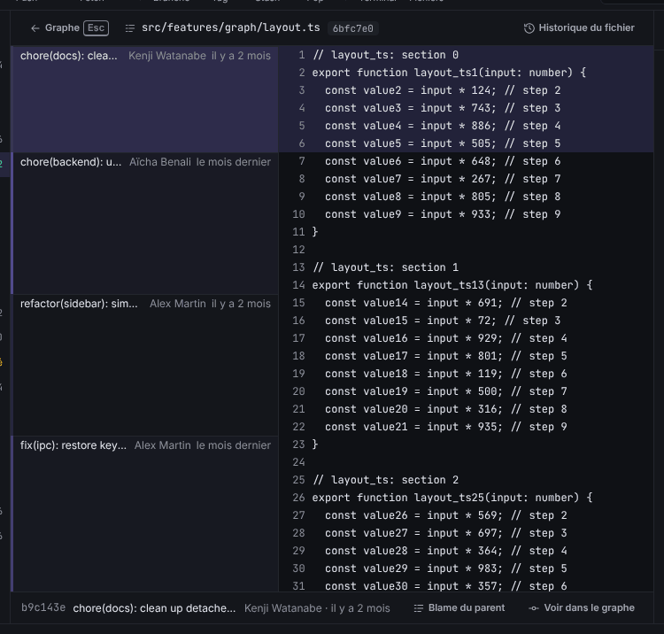 Blame de layout.ts : barres d’âge à gauche, résumé du commit, auteur et date au début de chaque bloc, numéros de ligne et code, et la barre Commit sélectionné en bas