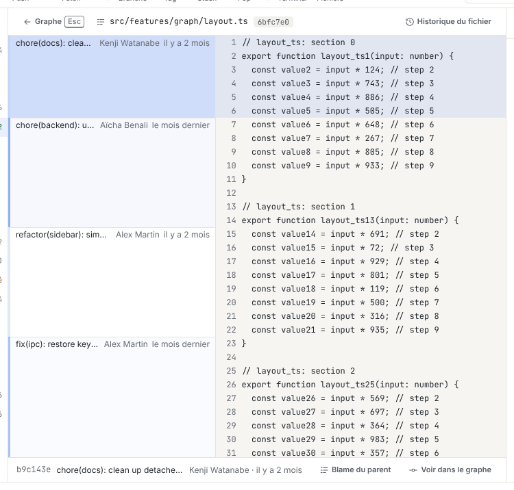 Blame de layout.ts : barres d’âge à gauche, résumé du commit, auteur et date au début de chaque bloc, numéros de ligne et code, et la barre Commit sélectionné en bas