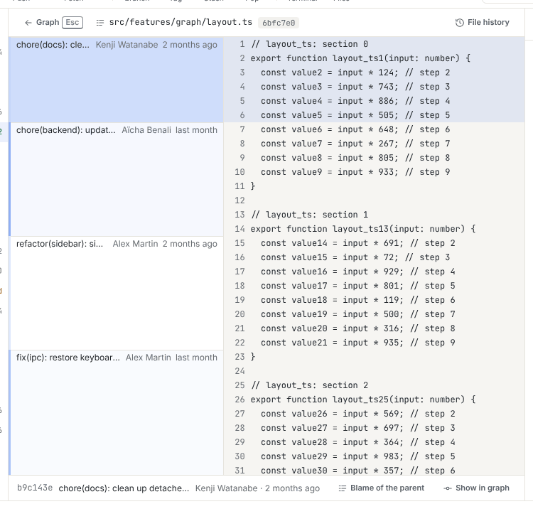 Blame of layout.ts: age bars on the left, commit summary, author and date at the start of each block, line numbers and code, and the Selected commit bar at the bottom