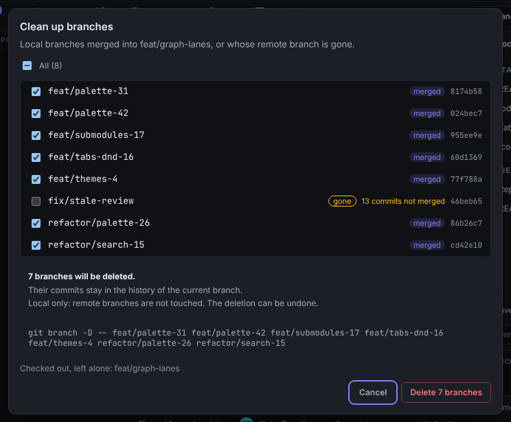The Clean up branches dialog listing branches with merged and gone badges, checkboxes, the effect summary and the git branch -D command