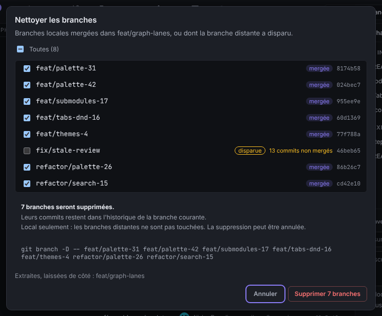 La boîte de dialogue Nettoyer les branches, qui liste les branches avec les badges mergée et disparue, des cases à cocher, le résumé de l’effet et la commande git branch -D
