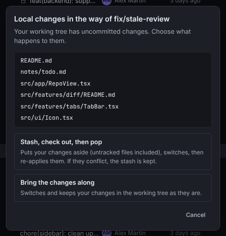 The Local changes in the way dialog listing changed files, with the choices Stash, check out, then pop and Bring the changes along