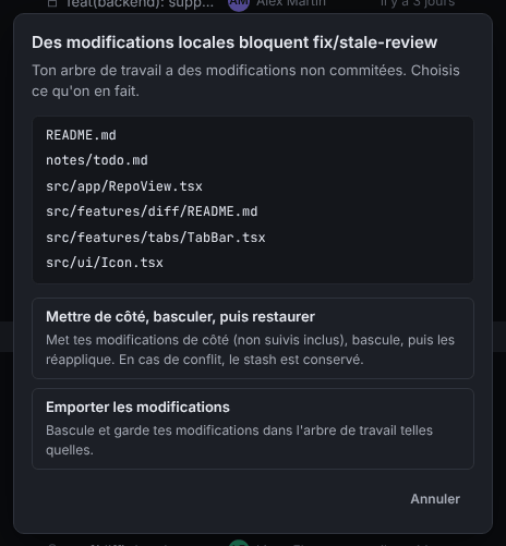 La boîte de dialogue Des modifications locales bloquent, qui liste les fichiers modifiés, avec les choix Mettre de côté, basculer, puis restaurer et Emporter les modifications