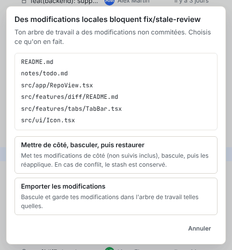 La boîte de dialogue Des modifications locales bloquent, qui liste les fichiers modifiés, avec les choix Mettre de côté, basculer, puis restaurer et Emporter les modifications