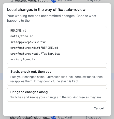 The Local changes in the way dialog listing changed files, with the choices Stash, check out, then pop and Bring the changes along