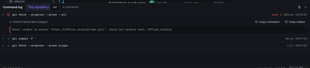 Command log panel at the bottom of the window, with one entry expanded showing the folder, Copy command and Copy output buttons, and Git's output
