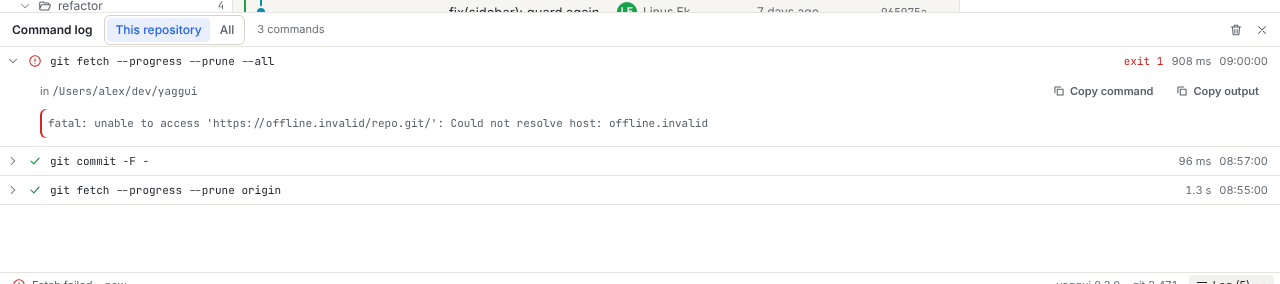 Command log panel at the bottom of the window, with one entry expanded showing the folder, Copy command and Copy output buttons, and Git's output
