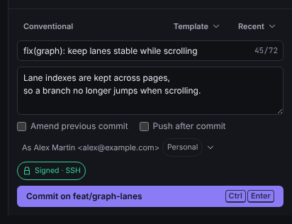 The commit area with a summary, a description, the Amend previous commit and Push after commit checkboxes, the identity picker, the Signed · SSH chip and the Commit on button