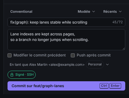 La zone de commit avec un résumé, une description, les cases Modifier le commit précédent et Push après commit, le sélecteur d’identité, la pastille Signé · SSH et le bouton Commit sur