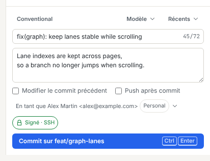 La zone de commit avec un résumé, une description, les cases Modifier le commit précédent et Push après commit, le sélecteur d’identité, la pastille Signé · SSH et le bouton Commit sur