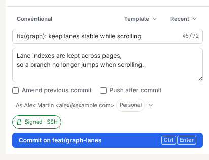 The commit area with a summary, a description, the Amend previous commit and Push after commit checkboxes, the identity picker, the Signed · SSH chip and the Commit on button