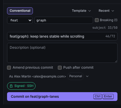 The Conventional Commits fields with a type, a scope and the subject counter above the summary
