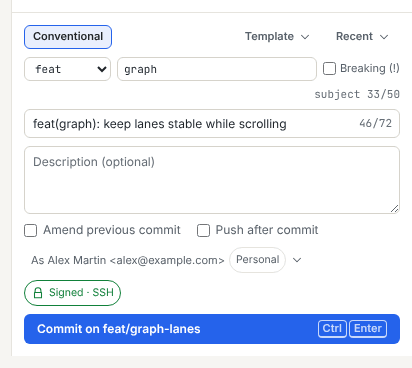 The Conventional Commits fields with a type, a scope and the subject counter above the summary