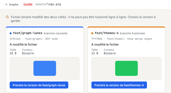 Vue de choix pour une image binaire, avec les deux versions côte à côte et un bouton pour prendre chacune