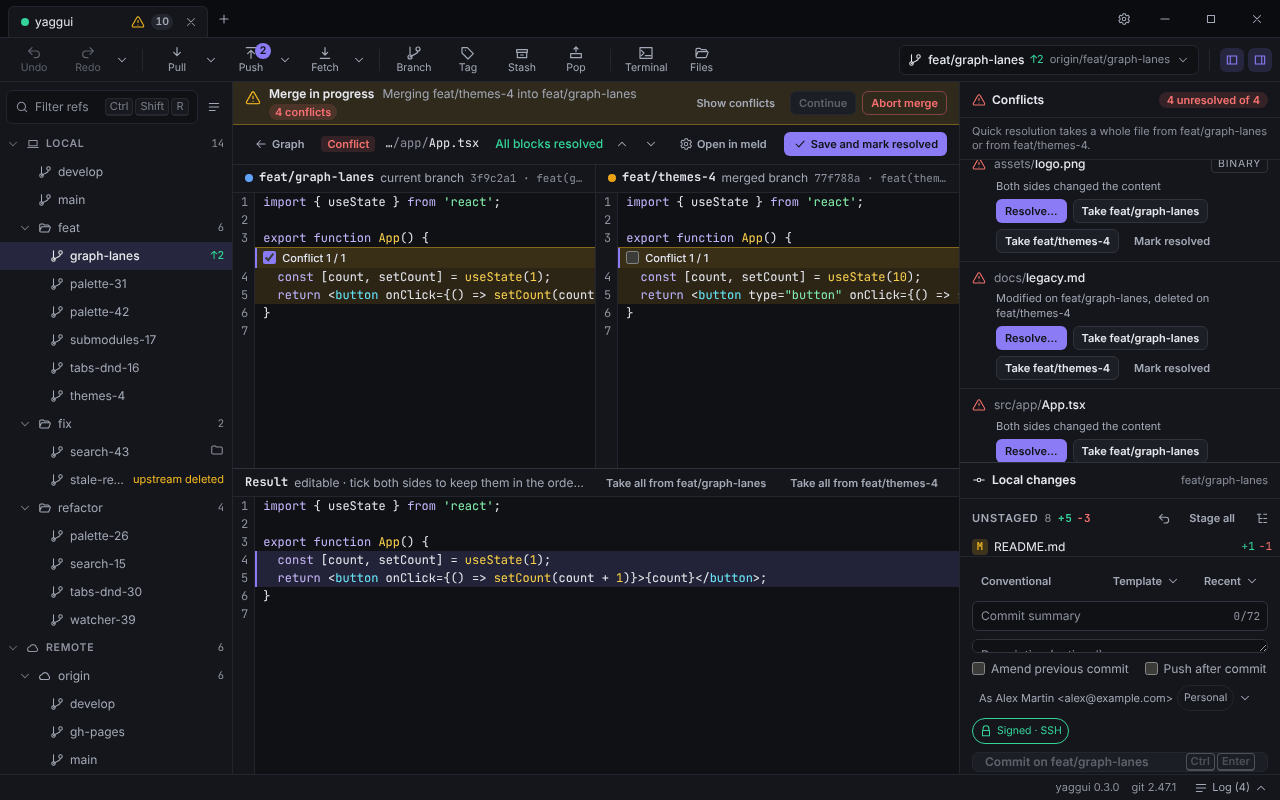 Merge editor with the two sides on top, conflict blocks with checkboxes, and the editable Result below