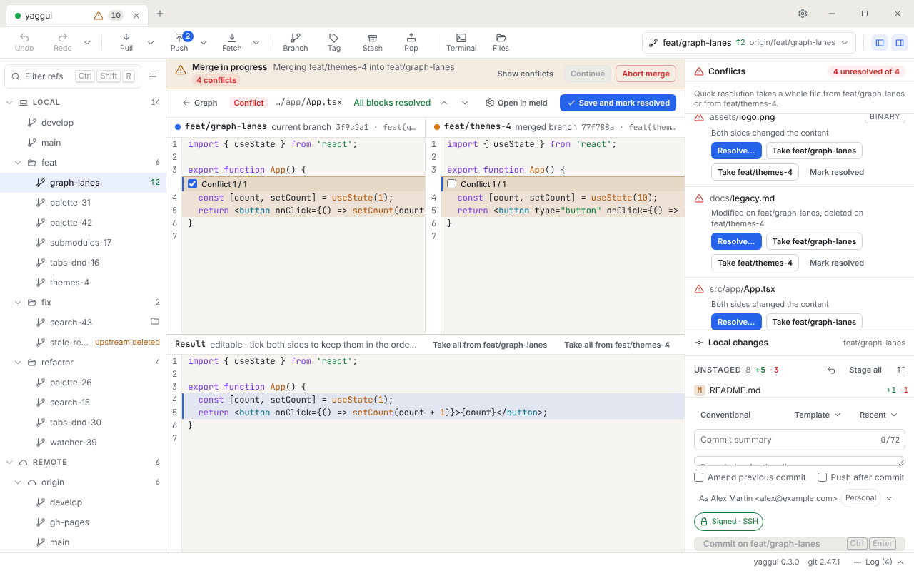 Merge editor with the two sides on top, conflict blocks with checkboxes, and the editable Result below
