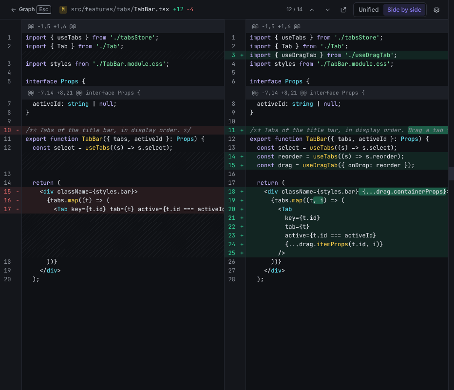 A side-by-side diff with the diff toolbar, syntax highlighting and changed words highlighted inside modified lines