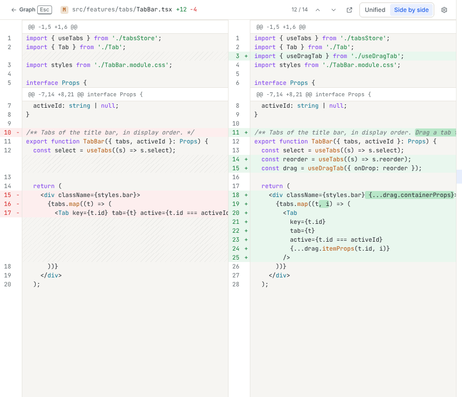 A side-by-side diff with the diff toolbar, syntax highlighting and changed words highlighted inside modified lines