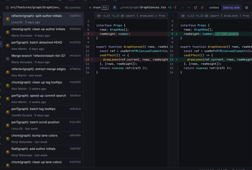File history of GraphCanvas.tsx: the list of commits that changed the file on the left, the diff of the selected commit on the right