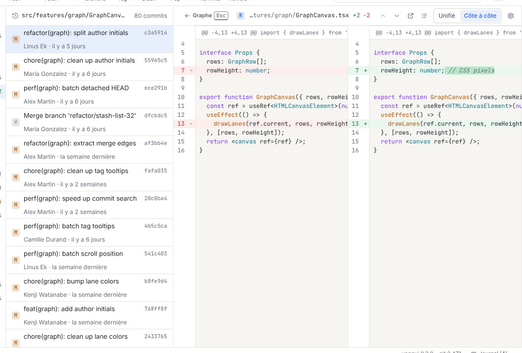 Historique de GraphCanvas.tsx : à gauche la liste des commits qui ont modifié le fichier, à droite le diff du commit sélectionné