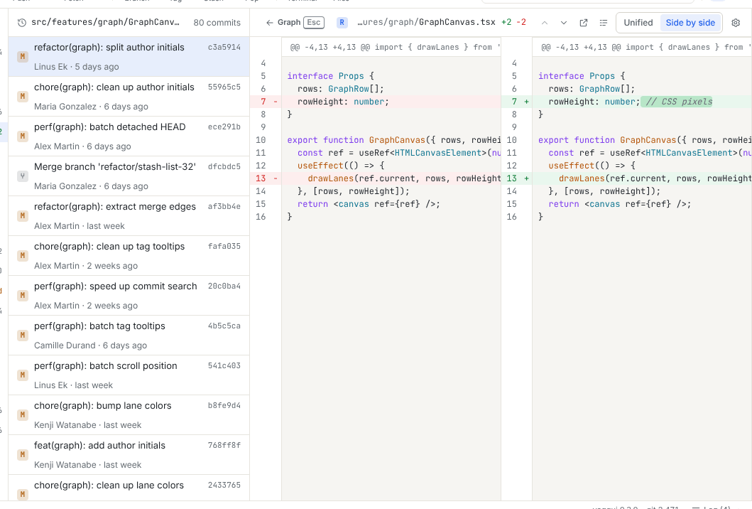 File history of GraphCanvas.tsx: the list of commits that changed the file on the left, the diff of the selected commit on the right
