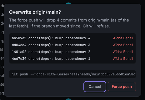 The Overwrite origin/main? confirmation, listing the four commits the force push would drop and the git push --force-with-lease command
