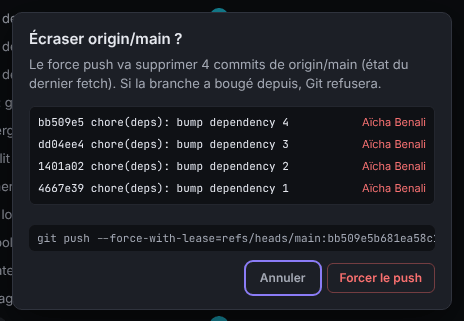 La confirmation Écraser origin/main ?, qui liste les quatre commits que le force push supprimerait et la commande git push --force-with-lease