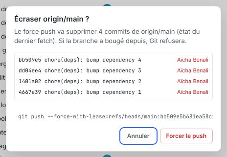 La confirmation Écraser origin/main ?, qui liste les quatre commits que le force push supprimerait et la commande git push --force-with-lease