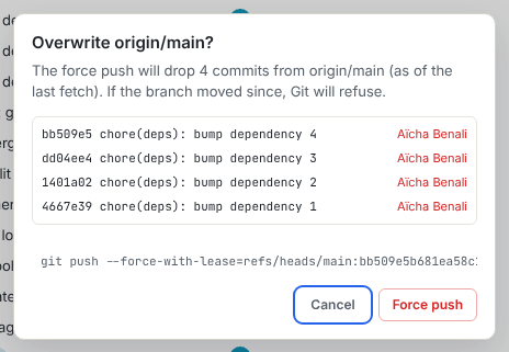 The Overwrite origin/main? confirmation, listing the four commits the force push would drop and the git push --force-with-lease command
