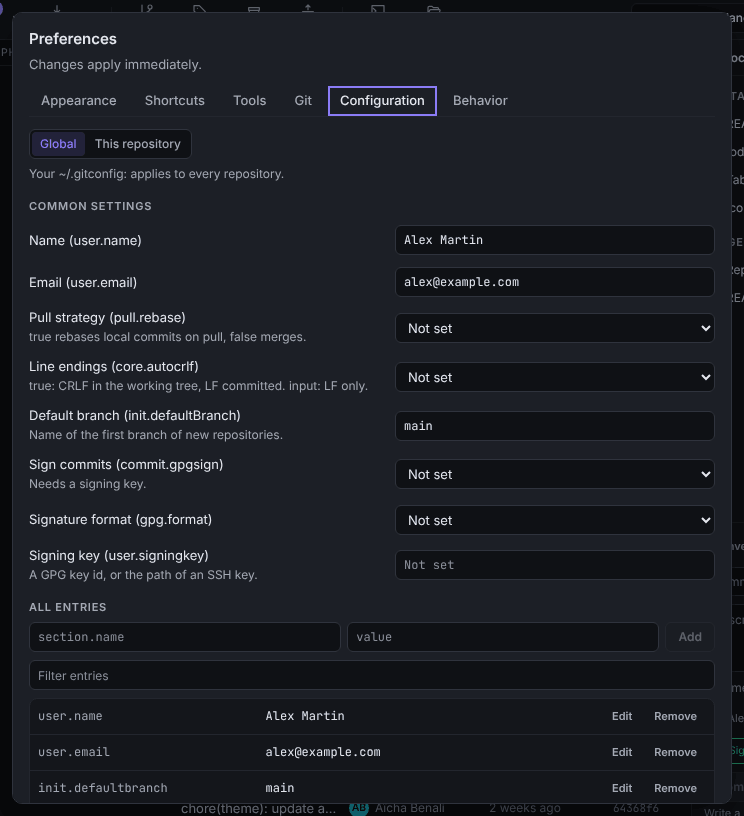 The Configuration tab with the Common settings fields and the All entries table of the global Git configuration