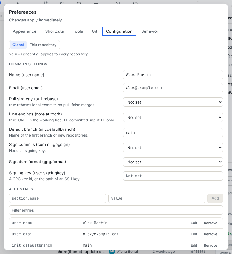 The Configuration tab with the Common settings fields and the All entries table of the global Git configuration