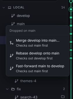 Drop menu after dragging develop onto main, listing Merge, Rebase and Fast-forward