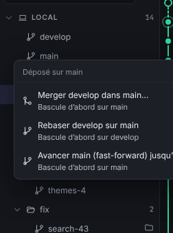 Menu de dépôt après avoir glissé develop sur main, avec les entrées Merger, Rebaser et Avancer (fast-forward)