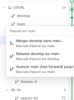 Menu de dépôt après avoir glissé develop sur main, avec les entrées Merger, Rebaser et Avancer (fast-forward)