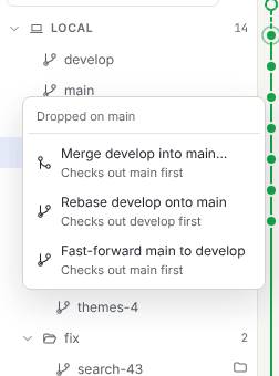 Drop menu after dragging develop onto main, listing Merge, Rebase and Fast-forward