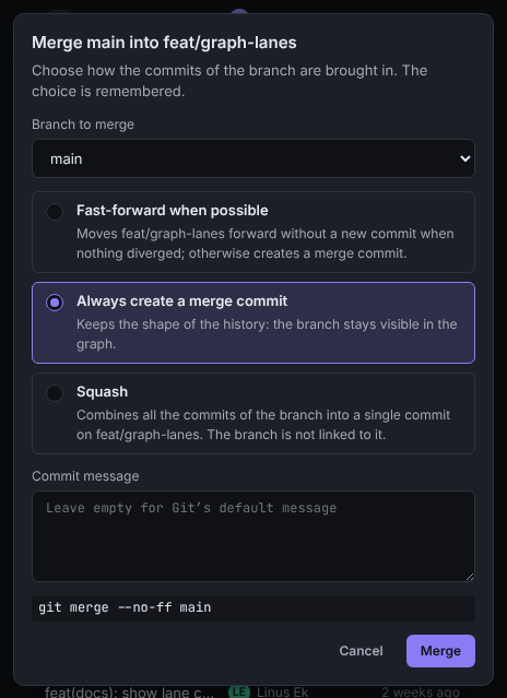 Merge dialog with the three merge modes, the message field and the command preview