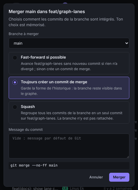 Boîte de dialogue de merge avec les trois modes de merge, le champ de message et l’aperçu des commandes