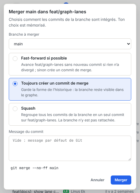 Boîte de dialogue de merge avec les trois modes de merge, le champ de message et l’aperçu des commandes