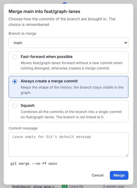 Merge dialog with the three merge modes, the message field and the command preview