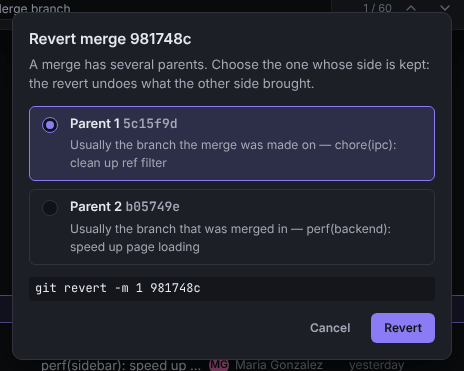 Revert merge dialog asking which parent to keep, with Parent 1 selected