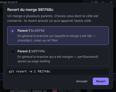 Boîte de dialogue de revert d’un merge demandant quel parent conserver, avec Parent 1 sélectionné