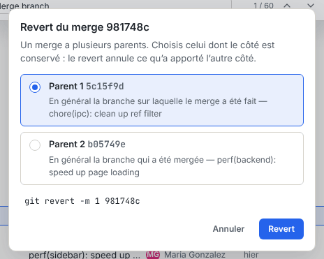 Boîte de dialogue de revert d’un merge demandant quel parent conserver, avec Parent 1 sélectionné