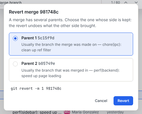 Revert merge dialog asking which parent to keep, with Parent 1 selected