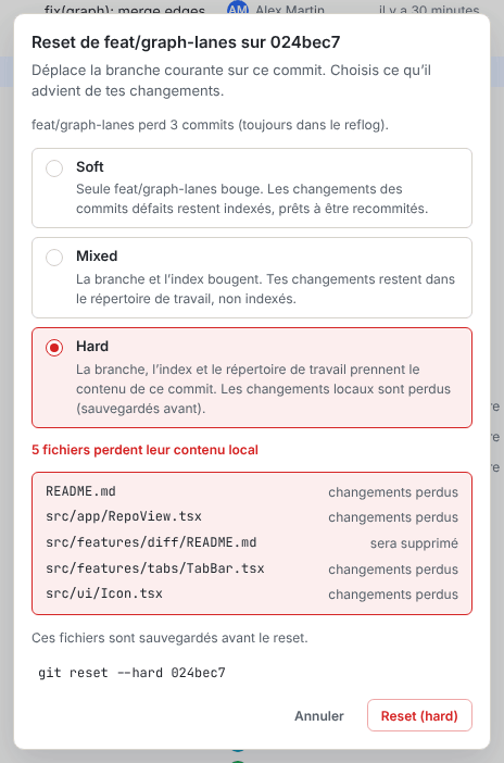 Boîte de dialogue de reset en mode Hard, listant les fichiers qui perdent leur contenu local