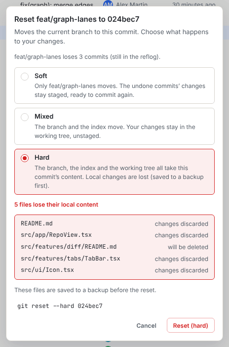 Reset dialog in Hard mode, listing the files that lose their local content