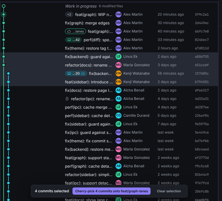 Four commits selected in the graph, with the selection bar offering to cherry-pick them