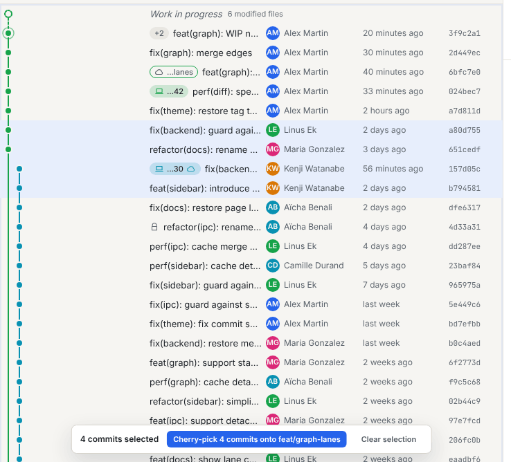 Four commits selected in the graph, with the selection bar offering to cherry-pick them