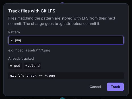The Track files with Git LFS dialog with the already tracked patterns and a pattern field
