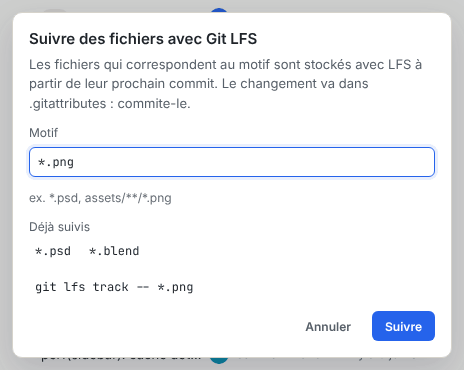 La boîte de dialogue Suivre des fichiers avec Git LFS, avec les motifs déjà suivis et un champ de saisie du motif